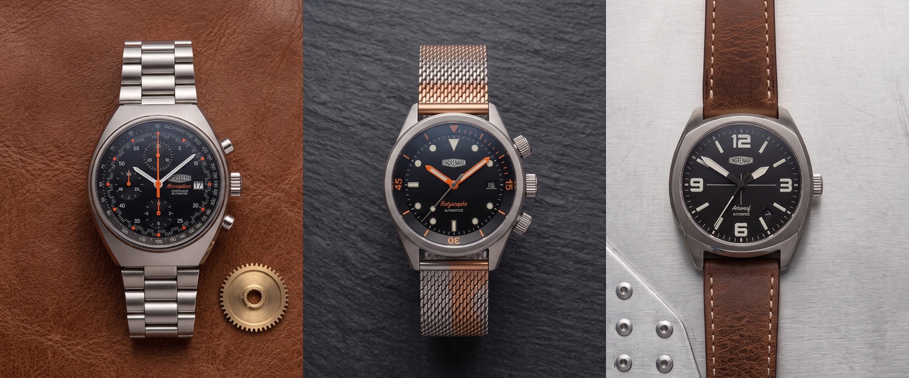Les trois modèles Engrenage : Monoplace sur cuir fauve, Batyscaphe sur maille milanaise, Aéronef sur bracelet cuir.